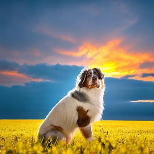 Prompt: A Beautiful Australian Shepard Sitting On A Vast meadow with  emphasis on the yellows and a beautiful sunset behind