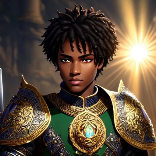 Prompt: Illustration, fantasy, painting, high definition, detailed, ornate, Black Moorish Prince, short Black American hair cut, Green bejeweled plate armor, beautiful grey eyes, full lips, holding a sword and musket, the sun behind him, rays emitting from her head, Carvaggio