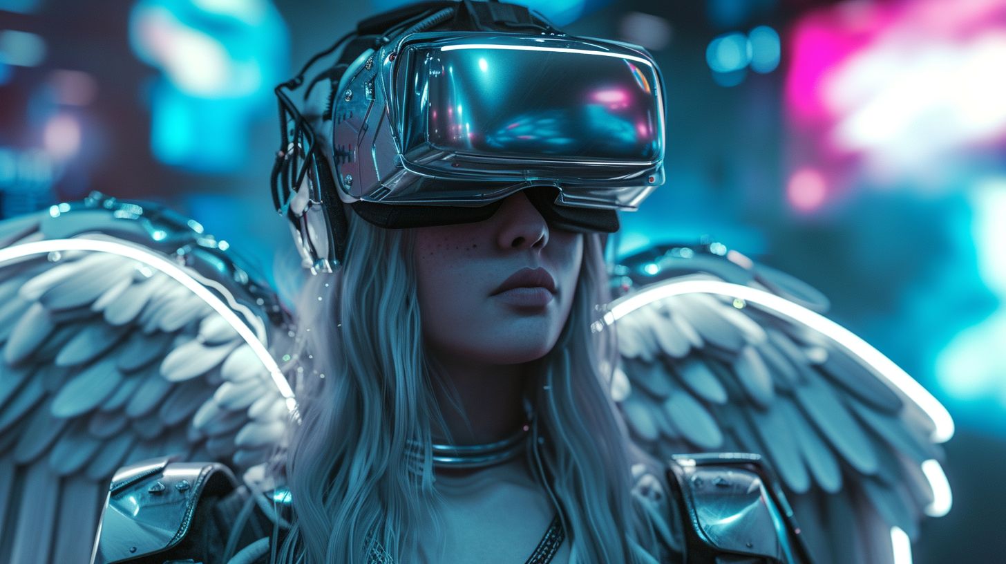 Prompt: futuristic cyberpunk girl wearing silver angel armor and silver vr helmet