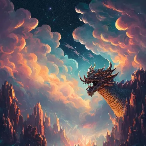 Prompt: A fantastic realm adorned with dragons and starlit skies, a celestial beacon amidst the cosmic wonders