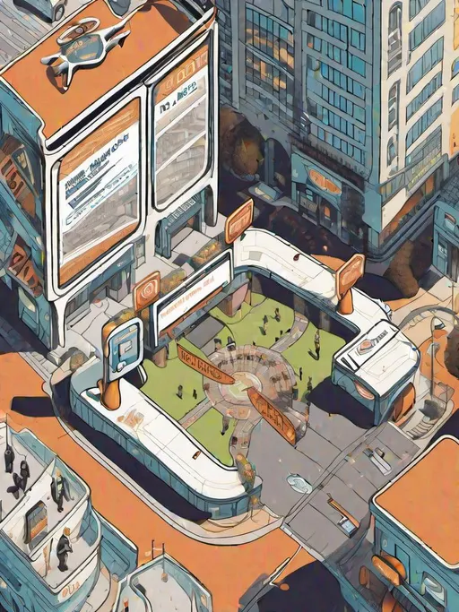 Prompt: illustration of the American labyrinth, drone perspective view of city, self-checkout kiosks at doors to every home and business, the roaming minotaur is wearing a ticket collector/police uniform, in the style of an architectural drawing