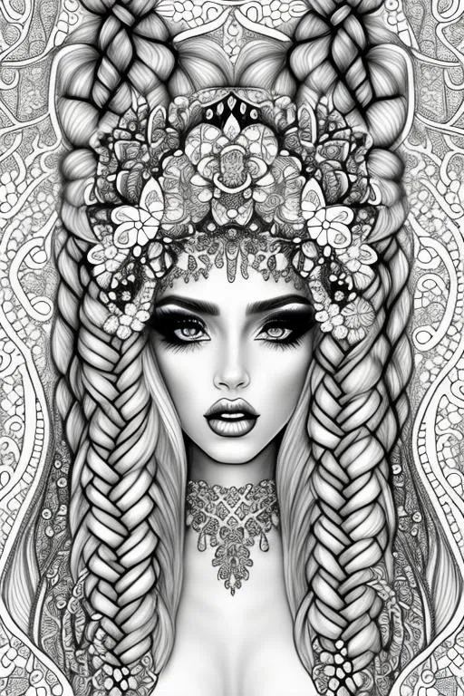 Prompt: coloring page , black and white of detailed beautiftul fantasy girl, with flowers,  clear facial features, symmetrical,long light braided hair with veil,  smooth lines, beautfiful , dreamy, details, black and white, simple, 