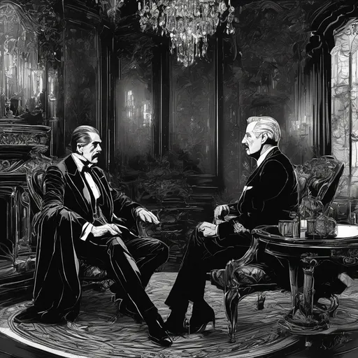 Prompt: (Boris Karloff talking to Vincent Price), Black and White pen and ink sketch style, dark color scheme, elegantly gothic attire, intricate details, dim lighting, dramatic shadows, opulent background, luxurious textures, ornate furniture, deep reds and blacks, baroque patterns, solemn atmosphere, rich color tones, dark romanticism, ultra-detailed, 4K, photorealistic masterpiece, timeless elegance.