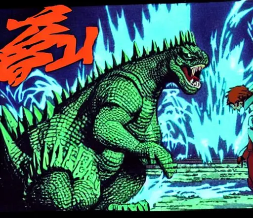 Prompt: Godzilla fighting a another kaiju in 90s anime style