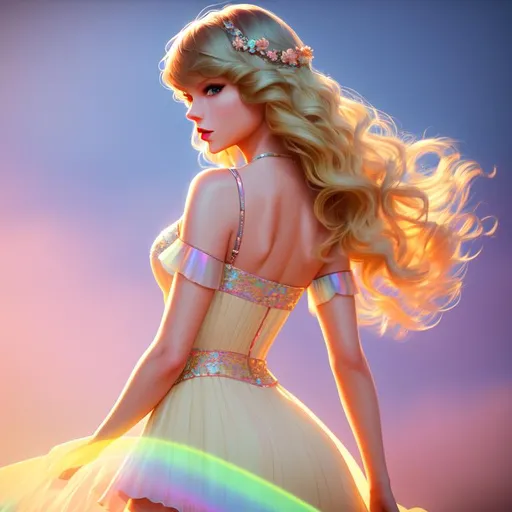 Prompt: Digital style painting, Taylor Swift, style of Pixar, Fragonard, highly-detailed, cinematic, washed out palette, soft pastel color palette, light trails, sunny day, translucent, iridescent, long hair, arms visible, legs visinble, perfect composition, hyperrealistic, super detailed, 8k, high quality, sharp focus, intricate details, highly detailed, dynamic lighting, detailed and intricate environment, highest quality