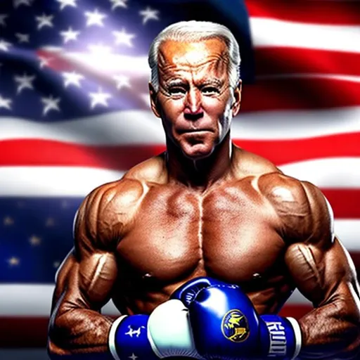 Prompt: Photorealistic, Joe Biden as a strong boxer with muscles, muscular build, no shirt, boxing gloves on, elements of American flag in the background, Joe Biden, boxer, 