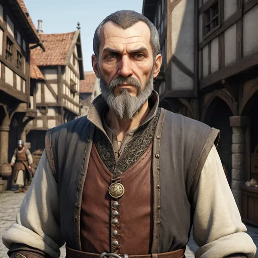 Prompt: Full body image of a stern, skinny 50-year-old medieval merchant with a beard, wearing fine medieval garments, high quality, RPG fantasy game style, detailed facial features, intricate clothing patterns, medieval city backdrop, focused expression, realistic lighting, professional, detailed beard, medieval merchant, medieval fantasy, stern look, skinny, fine garments, detailed clothing, RPG style, medieval city, detailed face, realistic lighting