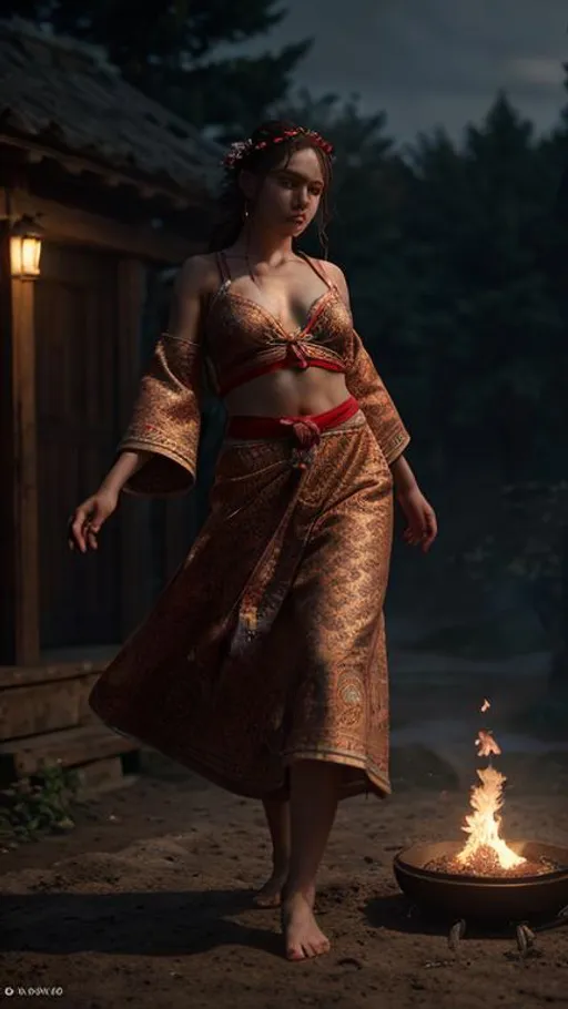 Prompt: Folk beautiful girl from Bulgaria with traditional rhodope robe dancing over coals!!! soft lighting, 8k resolution, hyper detailed, cinematic, deep lighting, Ukiyo-e hyperdetailed Unreal Engine dynamic lighting,Splash art, trending on Artstation