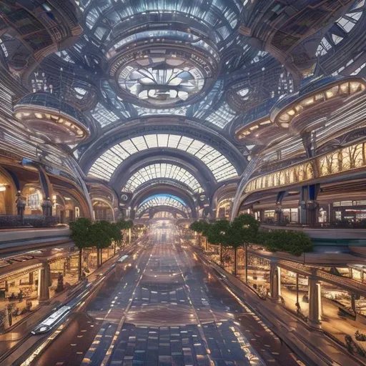 Prompt: futuristic busy enormous domed city, tourist shopping plaza, transit arrivals, mosaic glass roof, art nouveau, realistic details, photorealistic, 8k render, cinematic lighting, ultra detailed