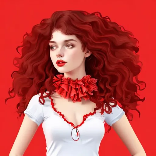 woman wavy red hair wearing short red color with frill neck necklace full body white backgrou