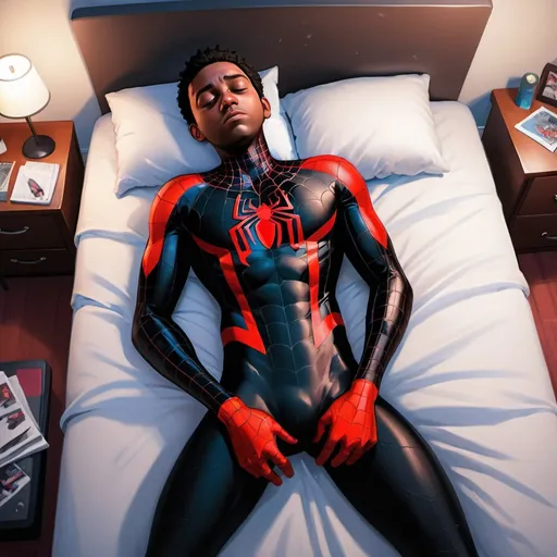 Prompt: Generate a semi-realistic Cartoon of Miles Morales laying in a deep sleep on his bed on his stomach, backside exposed, wearing only a jockstrap and his lightly hairy legs, showing his messy room blending elements of realism with a cartoon aesthetic.