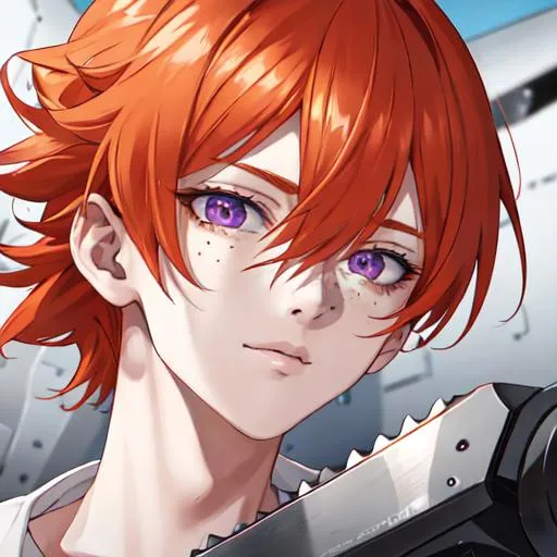 Prompt: Erikku male adult (short ginger hair, freckles, right eye blue left eye purple) UHD, 8K, Highly detailed, insane detail, best quality, high quality, holding a chainsaw, anime style