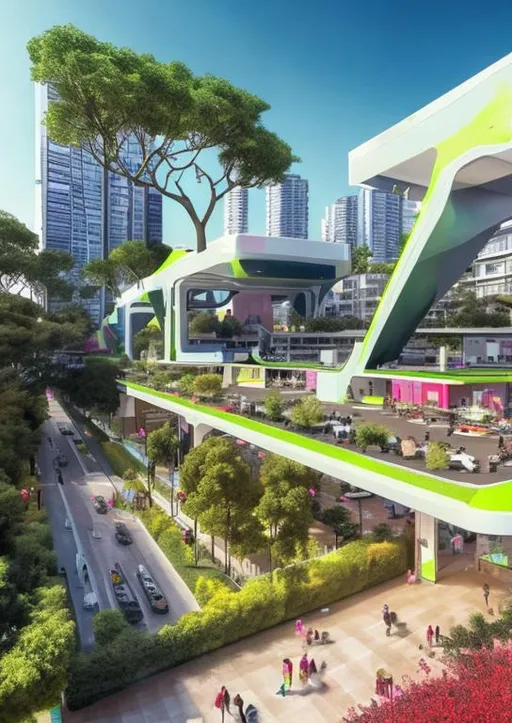 Prompt: Ciudad grande  muy habitada con espacios verdes, edificios altos y modernos con paneles solares y transporte moderno y colores morados 

