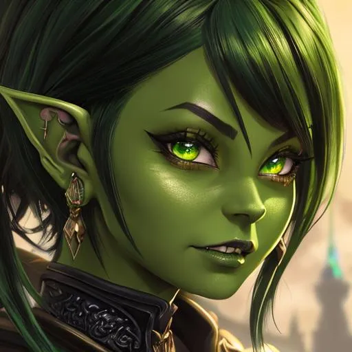 Prompt: oil painting, D&D fantasy, green-skinned-goblin girl, green-skinned-female, small, short black hair, crazy look, pointed ears, fangs, looking at the viewer, thief wearing intricate adventurer outfit, #3238, UHD, hd , 8k eyes, detailed face, big anime dreamy eyes, 8k eyes, intricate details, insanely detailed, masterpiece, cinematic lighting, 8k, complementary colors, golden ratio, octane render, volumetric lighting, unreal 5, artwork, concept art, cover, top model, light on hair colorful glamourous hyperdetailed medieval city background, intricate hyperdetailed breathtaking colorful glamorous scenic view landscape, ultra-fine details, hyper-focused, deep colors, dramatic lighting, ambient lighting god rays, flowers, garden | by sakimi chan, artgerm, wlop, pixiv, tumblr, instagram, deviantart