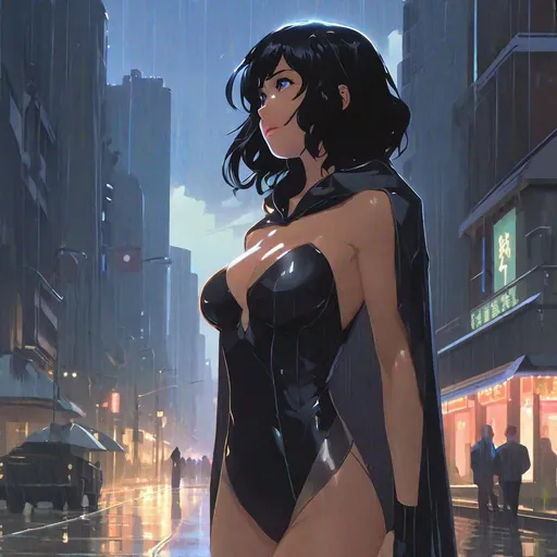 Prompt: "A_beautiful_courageous_wavy_black_haired_monster_woman_ample_chest_showing_skin_revealing_short_tight_bodysuit_with_cloak_high_heels_on_a_rainy_day_looking_up_at_the_sky_with_a_smile, by makoto shinkai, stanley artgerm lau, wlop, rossdraws, Digital Art, Bokeh, White Balance, 2D, Super-Resolution, Sunlight, Ray Tracing Global Illumination, Reflections, RTX, insanely detailed and intricate, hypermaximalist, elegant, ornate, hyperrealistic detailed, 64k resolution"