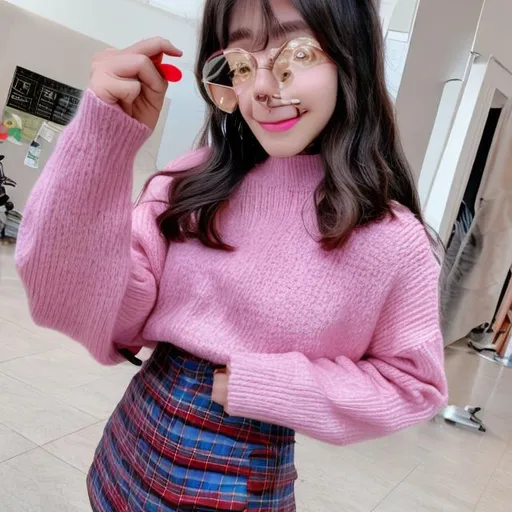 Prompt: Korean social media influencer, long brown hair, pink sweater, blue plaid skirt, doing makeup