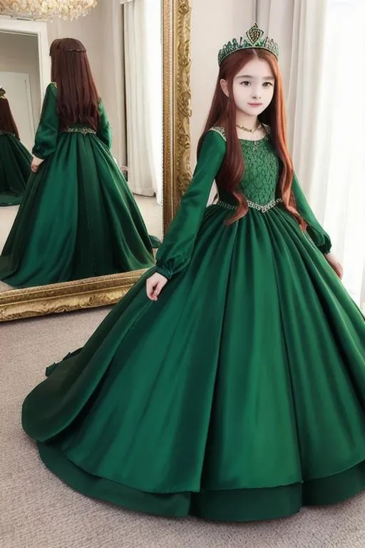 Prompt: Girl 14yo, Queen green dress, dress long, Queen crown, red hair,