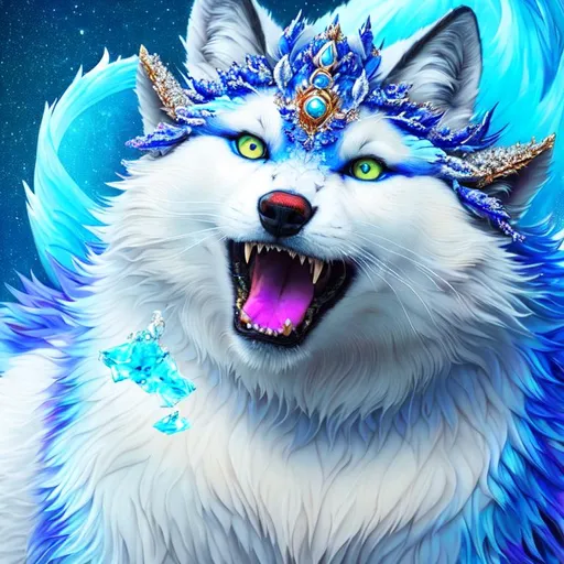 Prompt: (masterpiece, oil painting, 3D, artstation, best quality:1.5), insanely beautiful white ((wolf)) queen, growling, psychedelic colors, eyes gleam ice blue, frost on fur, (blue jewel-crusted crest), blue magic fur highlights, finely detailed, (sharp intricately detailed eyes:3), beautifully defined detailed legs, beautifully detailed shading, bulky, (incredibly thick beautifully detailed fur:3), highly detailed body, full body focus, beautifully detailed background, brilliant auroras, ice storm, ice element, blizzard, ice rain, surrounded by icy mist, highly detailed pastel clouds, cinematic, high octane render, unreal engine, 64K, UHD, Yuino Chiri
