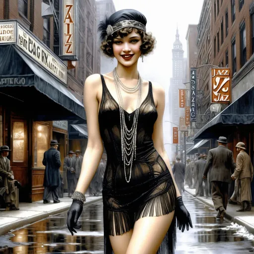 Prompt: Hyper-realistic full body height digital painting by Luis Royo:: (young pretty happy) 1920s flapper woman, short curly hair, highly detailed facial features, bright expressive eyes and a coy subtle smiling expression, wearing fashionable clothing, walking through the streets of a Jazz district in Chicago in 1925:: 8k resolution, incredible details, a masterpiece, photorealistic