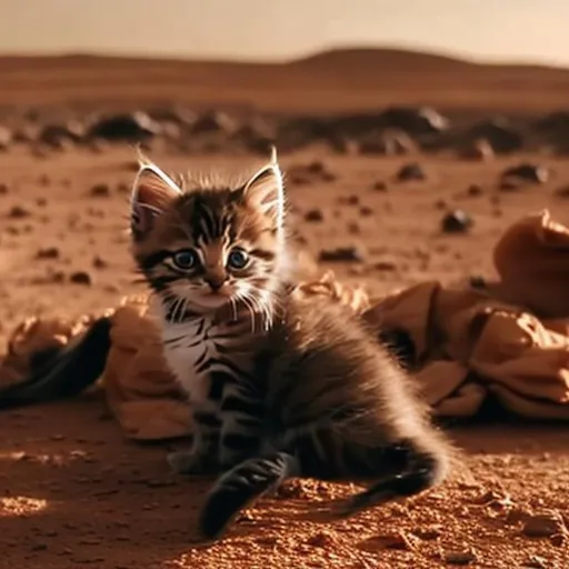 Prompt: kitten alone on mars with a space helmet on his head