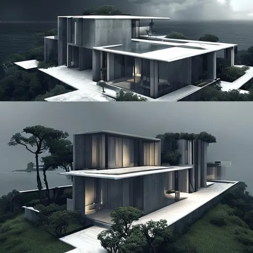 Prompt: Generate a minimalist and futuristic digital artwork showcasing a sprawling mansion on a remote island during a rainy and stormy weather. The mansion should embody sleek and clean lines, with an emphasis on simplicity and modernity in its design. Its exterior should be predominantly monochromatic, featuring muted tones of gray and black that seamlessly blend with the surroundings.

Place the mansion on an island surrounded by turbulent waters and an overcast sky. Rain should be falling steadily, and the wind should create ripples on the ocean's surface. Despite the inclement weather, the mansion's large, unadorned windows should provide a glimpse of the interior's warm and cozy illumination.

The island's landscape should be kept minimal as well, with sparse vegetation and carefully designed pathways leading to the mansion's entrance. This artwork should evoke a sense of serene isolation, where the futuristic mansion stands as a bastion of modernity and comfort amidst the untamed elements of the storm

