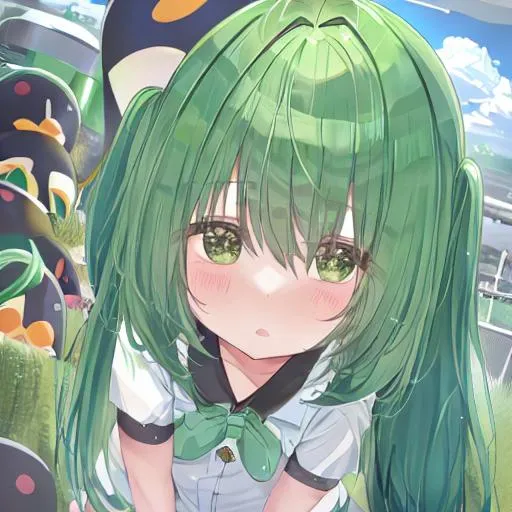 Prompt: cute little girl green hairs magic powers of pinguin