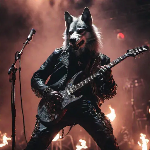 Prompt: ultrarealistic_ angry hunmanoid  wolf lead guitar player in goth metal band_wearing leather and chains_playing music on stage_cenimatic long shot 4k_fire on stage