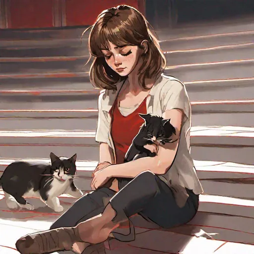 Prompt: a realistic photo of a crying 25 years old woman human with shoulder-length brown hair,  forward with her legs dangling over the edge of the stage which is lit in red and gold, she is staring sadly into her lap while a cat approaches her from her left and the cat touches her arm with his paw. The cat's colors are black and white with cow pattern. the cats is a ghost. high resolution. 4k. realistic. crow behind the women.
