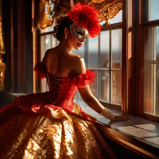 Prompt: A model poses in a 20th century corset and ruffled red gown, masquerade mask, sunlight from a nearby window caressing her golden brown skin and lighting up intricate red brocade detailing. In the style of Mark Laita.