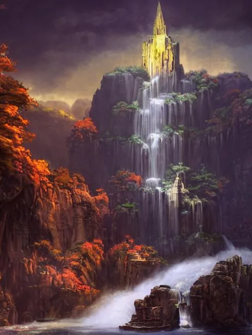 Prompt: carved into the Rock a citadel-temple-cathedral above a waterfall , gnarly trees, lush vegetation, mountains, ocean, a small stream runs beneath the waterfall, Alan lee landscape, raphael lacoste, eddie mendoza, alex ross, concept art, matte painting, highly detailed, rule of thirds, dynamic lighting, cinematic, detailed, denoised, centerd