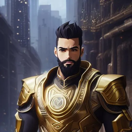 Prompt: Full body Potrait of a gorgeous young man, intricate modern battle armor, facial hair, tan skin, perfect eyes, dark grey intricate colored hair, symmetrical, lighting, detailed face, by makoto shinkai, stanley artgerm lau, wlop, rossdraws, concept art, digital painting, looking into camera, gold ornament on his suit, glorius background, Royal ambient, colorfull, HDR, 64K