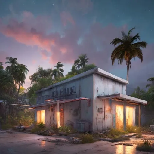 Prompt: futuristic, art gallery, night, abandoned small white industrial building, tiny neighborhood, chillwave, tropical island, ultra detailed, cinematic lighting, photorealistic, realistic details, wide view