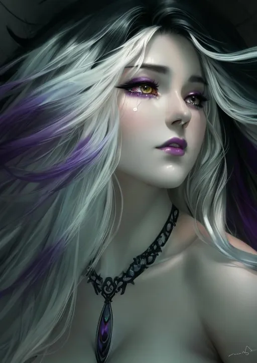 Prompt: A hyper realistic detailed image of a ((sexy crying Banshee)) with ((a pale skin skin)) (((black hair))) ((purple eyes)) with ((sexy outfit)), with a plunging neckline, balayage wild hair, highly detailed, digital painting, Trending on Deviantart, HD quality, ((by JuneJenssen)), ((very huge breast)),