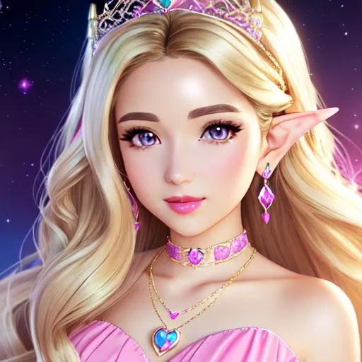 Prompt: Pokimane, elegant women, wavy blonde hair, elf girl, pastel lipstick, pastel royal crown, pink dress, pastel sapphire heart necklaces, pastel eyes, pastel eyeshadow, pastel hanging crystal earrings. pastel color scheme, ultra detailed, 8k resolution, perfect, smooth, high quality, shiny, Fantasy cosmic background