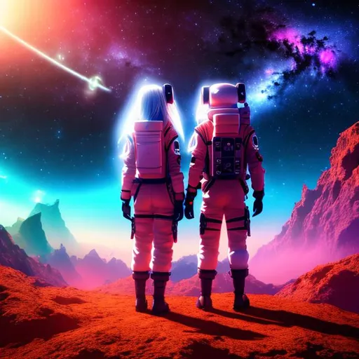 Prompt: anime guy and girl in a spacesuit, against the backdrop of the universe of nebulae and planets, (4k), 