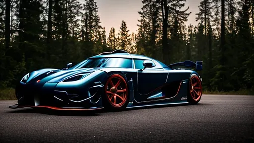 Prompt:  wide body heavily modified koenigsegg at illegal meet, dark and shadowy background, in the Canadian forest, 30 minutes after sunset, long depth of field.