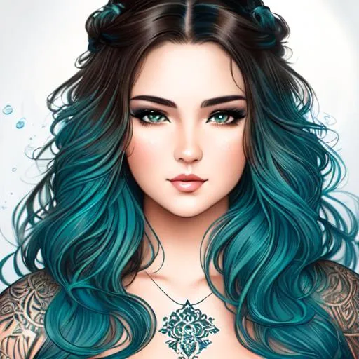 Prompt: a painting of a heavyweight woman with teal long wavy hair,  round face, chubby face, (((brown eyes))), by Luis Royo, intricate gown, amy sol in the style of, cool color scheme art rendition, tattoos, detailed facial structure, black and white artwork, idealised, pastel drawing, digital art of an elegant, artgram, female water elemental, pinterest anime, charli bowater and artgerm