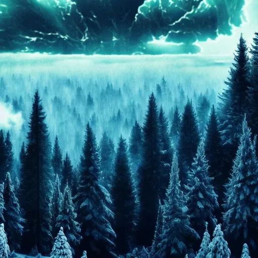Prompt: Very tall coniferous forest closed due to radiation
distorted terrian ,cinematic , epic cinematic lightning , blurent and dark cloud , reversed mountain , hyper detailed , hyper dense coniferous trees , covered forest with snow storm ,  hyper realistic description , 8k , post apocalyptic , clossal background , profound , night