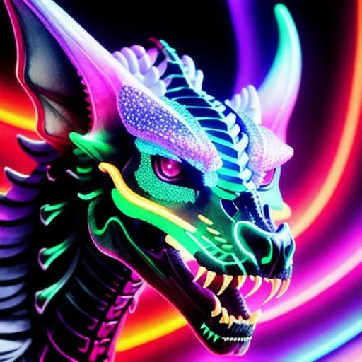 portrait of a roaring neon skeleton dragon with fang... | OpenArt