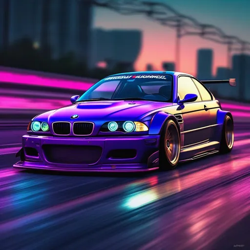 Prompt: 2001 BMW M3 E46 GTR, synthwave, aesthetic cyberpunk, miami, highway, dusk, neon lights, coastal highway, dusk, neon lights, coastal highway, sunset, drift, nurburgring, water on the road, blade runner, 64k, watercolor, macro sharp focus, 8, hyper realistic, cinematic, highly detailed, photoraelistic, clean, metallic, 3d, futuristic