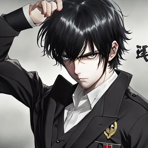 Prompt:  Realistic anime, man, black hair, dark eyes, uniform, masculine, serious

