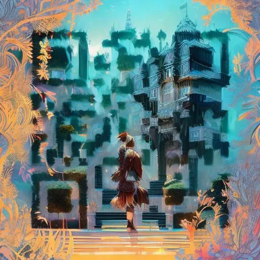 Prompt: Detailed intricate digital illustration by greg rutkowski and artgerm and wlop and sanford robinson gifford ; ancient forest, anime girl, colorful, shimmering waterfall in background ; 13 mm film, arri alfa anamorphic lens ; sharp focus, golden hour lighting, castle with vines, blue haired anime girl trending on artstation 4 k