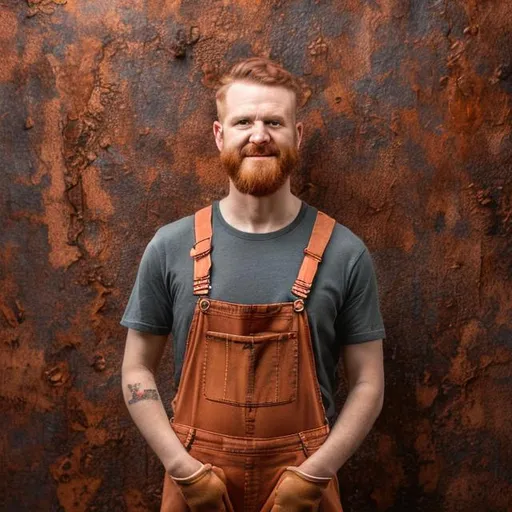 Prompt: hyperrealistic fullbody portrait, rustic factory art style of a light copper skin and dark red hair man, a pickaxe in his hands, wearing dirty copper colored overalls