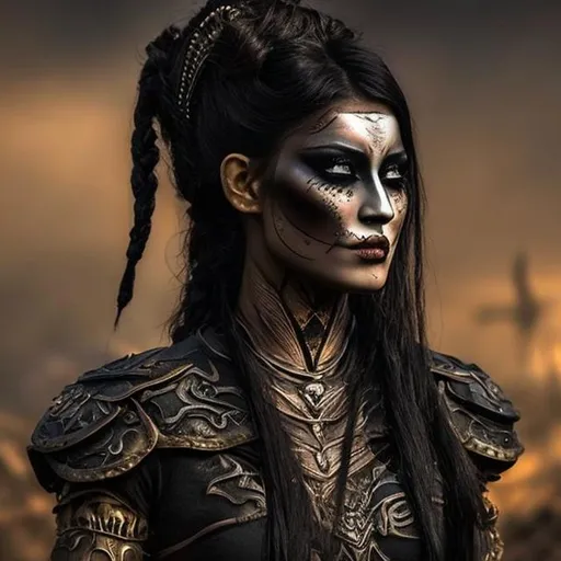 Prompt: Woman warrior black gold makeup hair back