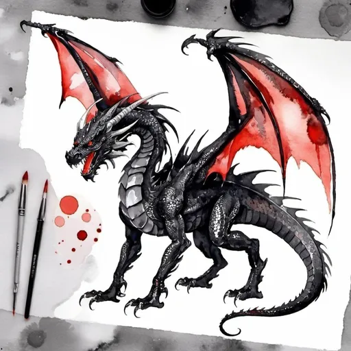 Prompt: a mighty black dragon with red eyes, four legs and two wings