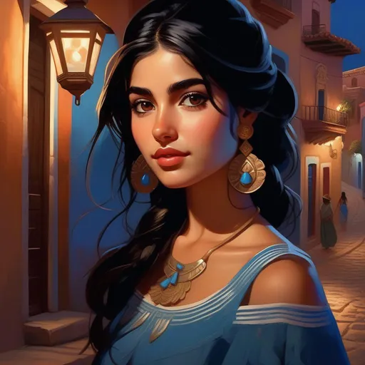 Prompt: Third person, gameplay, Mexican girl, pale olive skin, black hair, brown eyes, Guanajuato at night, blue atmosphere, cartoony style, extremely detailed painting by Greg Rutkowski and by Henry Justice Ford and by Steve Henderson 

