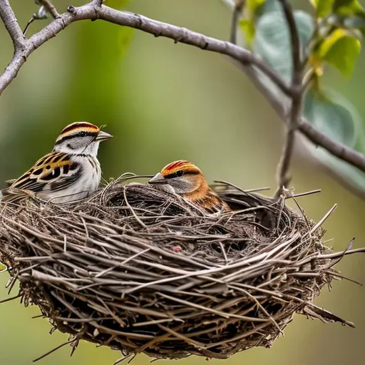 Prompt: Three Sparrows in a nest, talking to each other