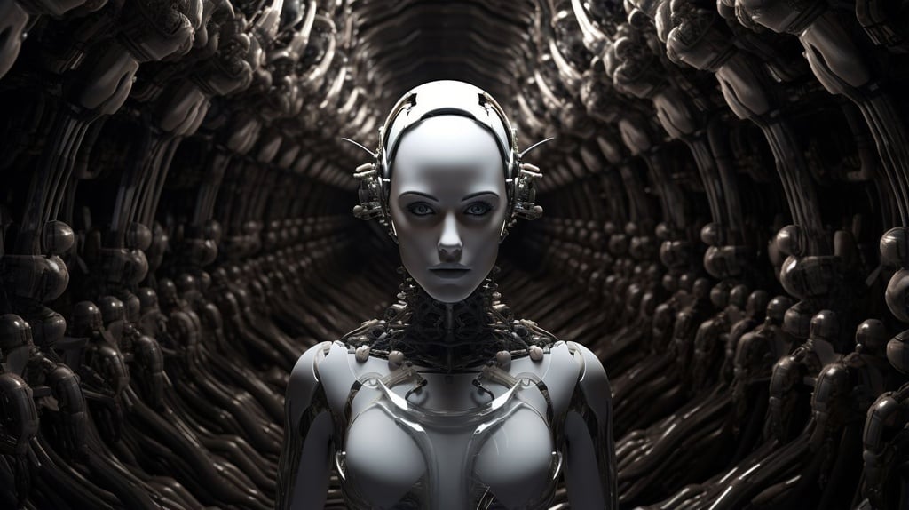 Prompt: image of a person walking through a tunnel made of tubes, in the style of detailed facial features, technological marvels, robotic motifs, zbrush, silver and black, presentation of human form, serene faces