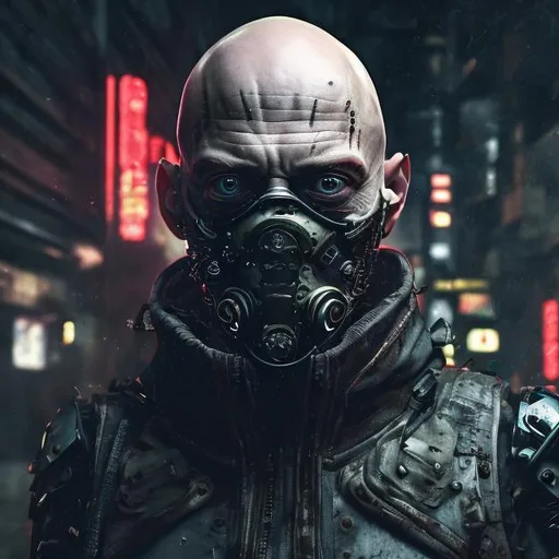 Prompt: A bald man with a ginger beard. 30yrs old. English. Fully armoured and masked. Bionic eyes and cyber enhancements. Lots of roses, Ferns and mushrooms in background. Dark and edgy with neon accents. Cyberpunk style. Raw. Gritty. Dirty. Close up.