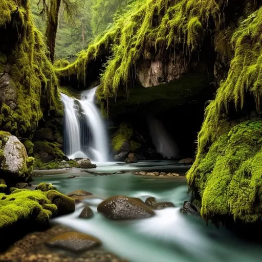 Prompt: River, cascading waterfall, daytime forest background, cave, gorge, mossy rocks, 